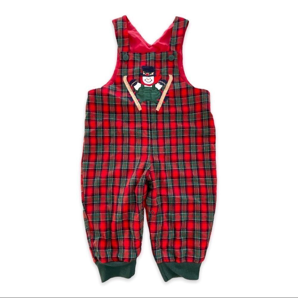 Red & Green Plaid One Piece Romper w/Appliquéd Snowman Top Buttons Bottom Snaps